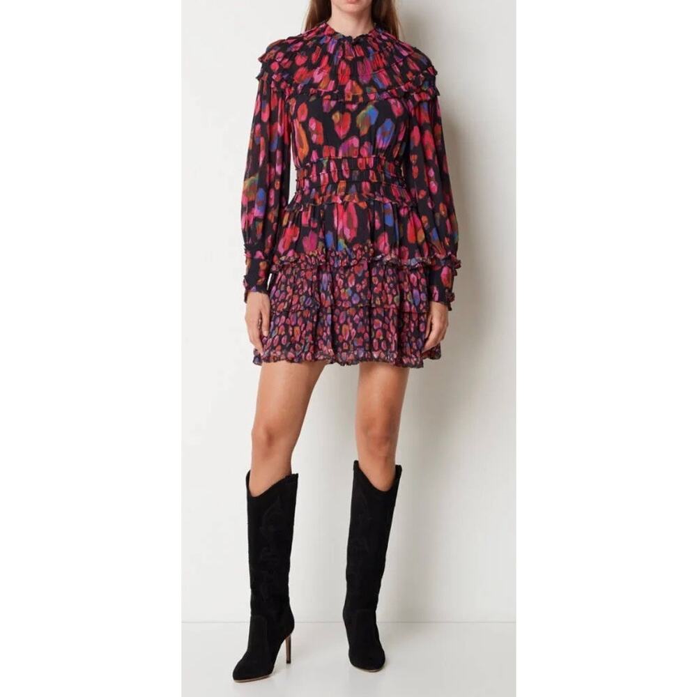 FARM Rio Black Iridescent Leopards Ruffle Mini Dress Womens XS Smocked High Neck